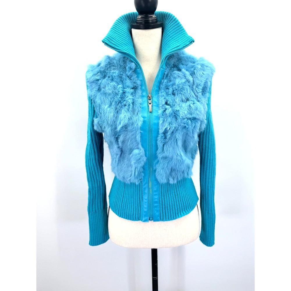 VTG Y2K Jennyfer J Turquoise Genuine Fur Ribbed Knit Full Zip Jacket Small 2000s